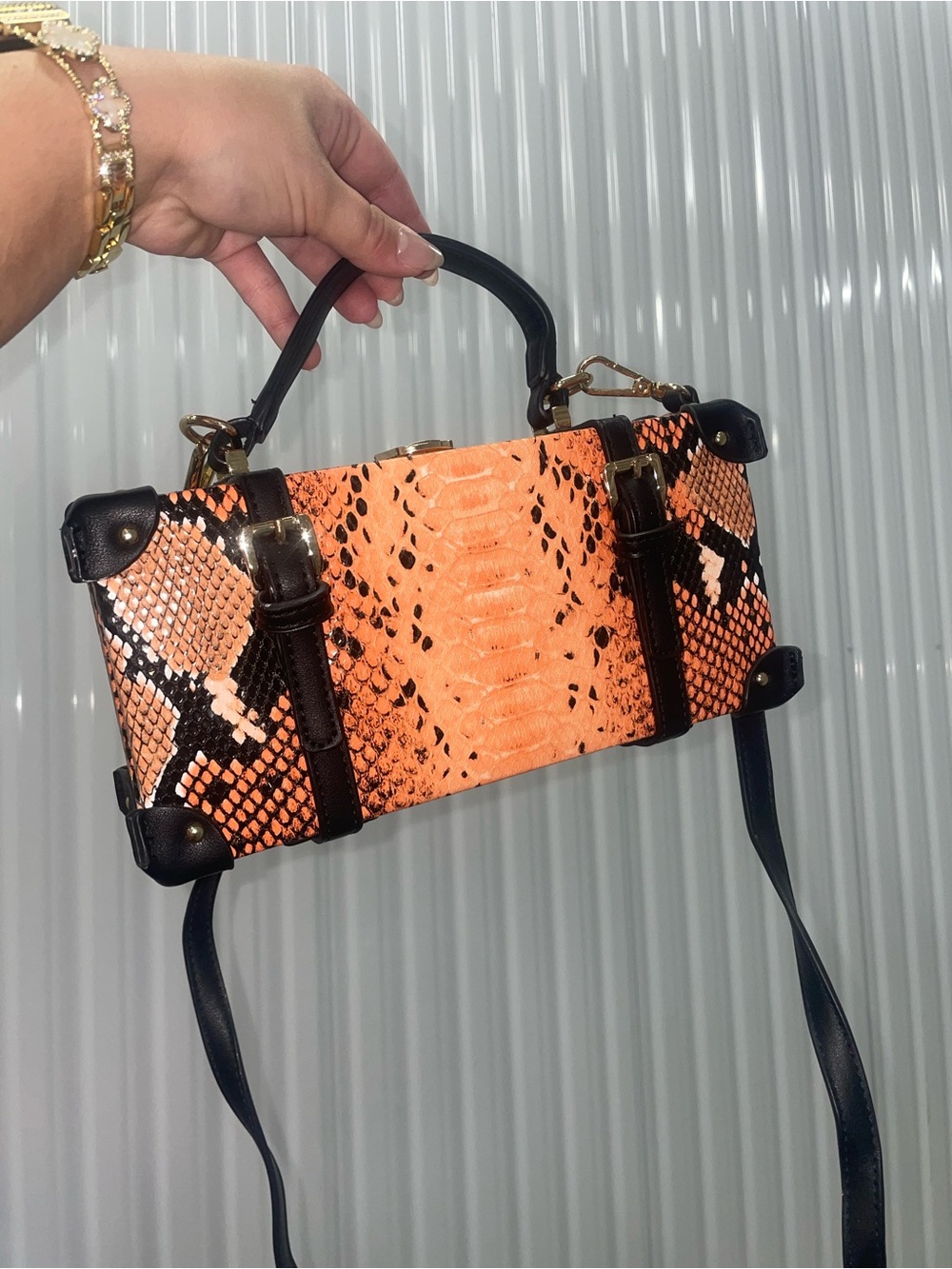 Orange Snake-Print Box Bag with Black Trim - Women Bags